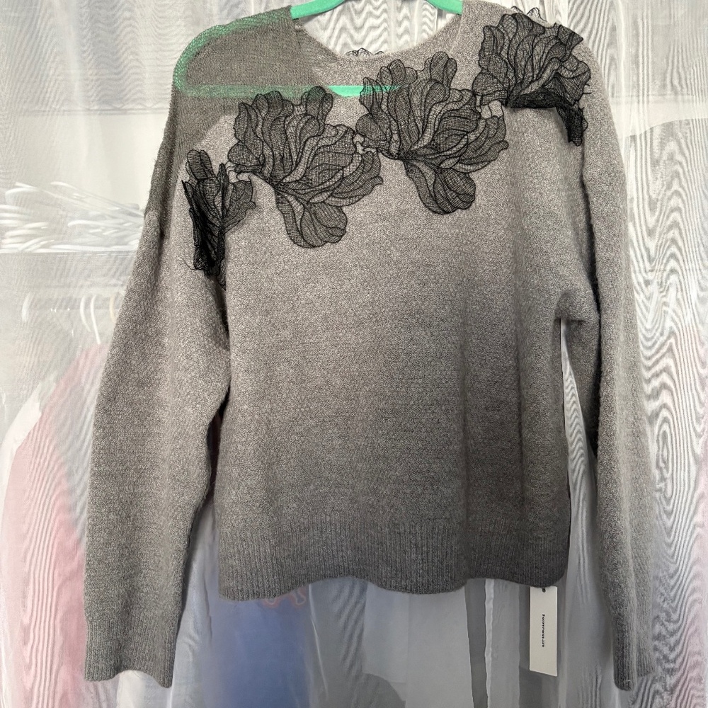 Floral Lace Sheer Shoulder Knit Sweater